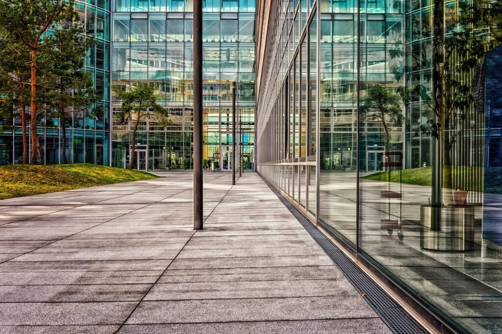 architecture, office, modern, glass, facade, business, reflection, city, property, perspective, exterior view, window, court, patio, design, property, property, property, property, property